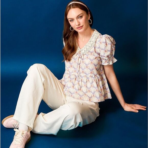 *Last DAY*Umgee Lace Bow Print Flounce Sleeve Blouse - Picture 3 of 4